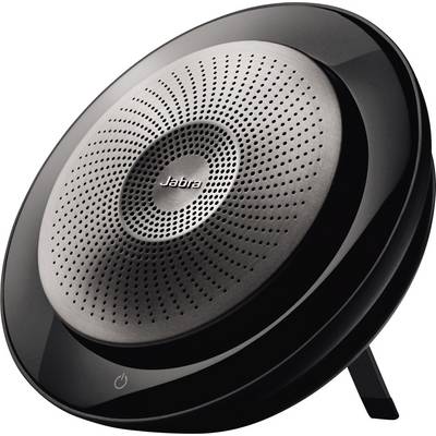 Black, round Bluetooth speaker with the 'Jabra' brand visible on the top surface.