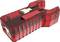 Red, transparent plastic connection clamp with two openings, visible from the side and from above, for electrical cable installation.
