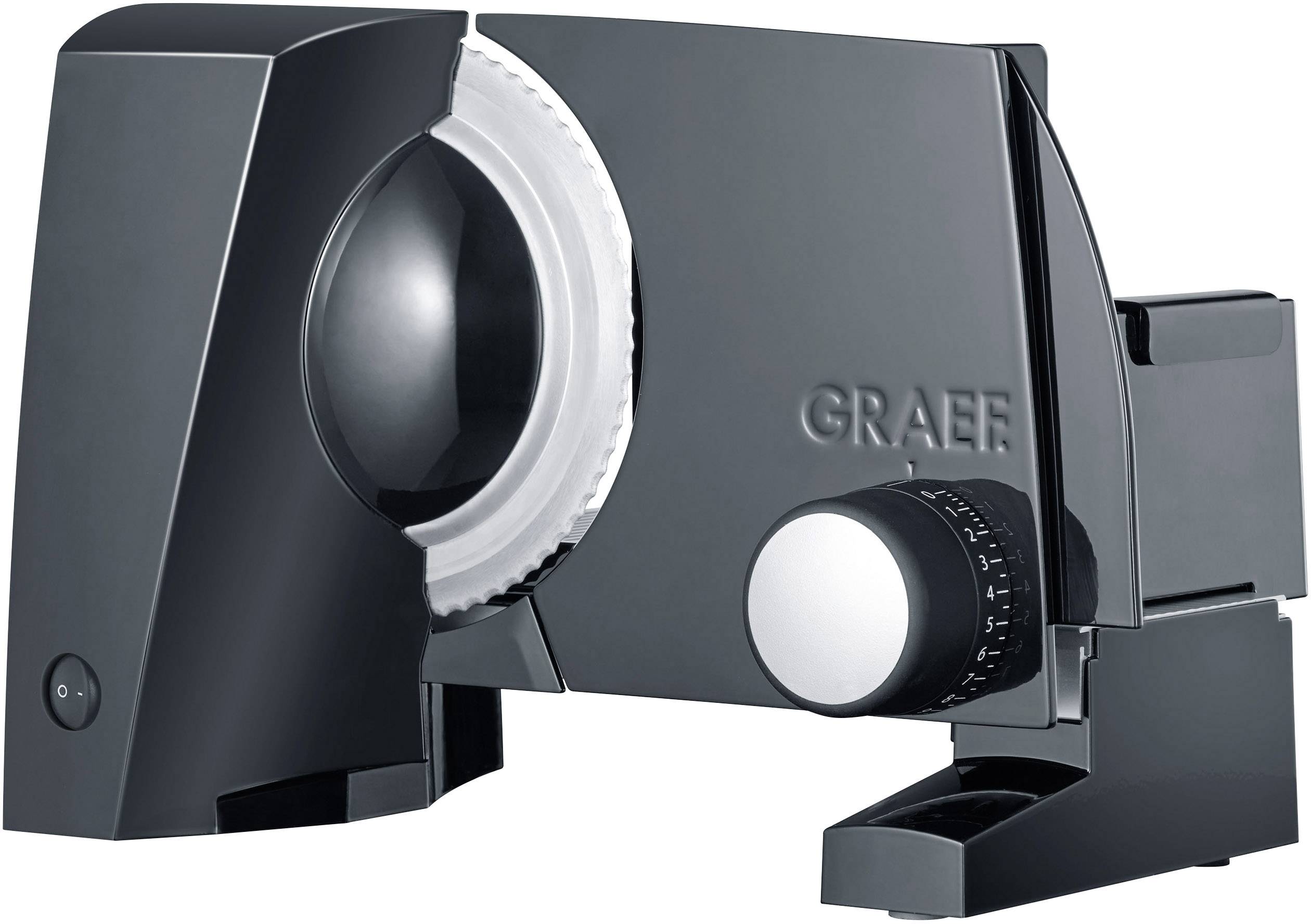 Electric multi-purpose slicer in black with serrated blade, side adjustment dial and 'Graef' logo. Suitable for bread, meat, cheese.