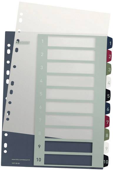 Plastic index dividers with coloured tabs, numbered 1 to 10, for organising documents in ring binders.