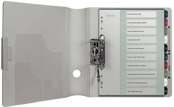 Open folder with ten numbered index tabs, transparent cover, and metal mechanism. Form insertion on the left.