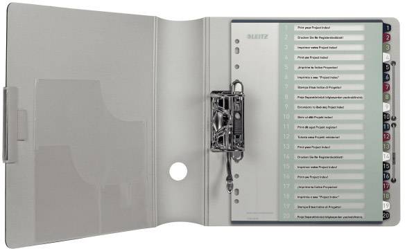 Open folder with index, 20 colour-coded tabs for project titles, left side transparent pocket, right side metal mechanism.
