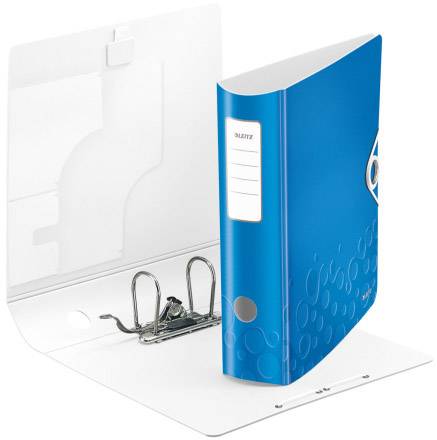 A blue folder with lever mechanism and a label for writing stands upright and open.