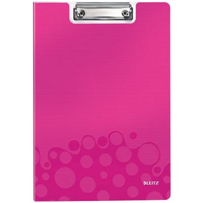 A pink clipboard with a metallic clip, adorned with a pattern of differently sized circles.