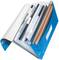 Open blue ring binder with multiple clear pockets, containing various documents and notebooks neatly organised.