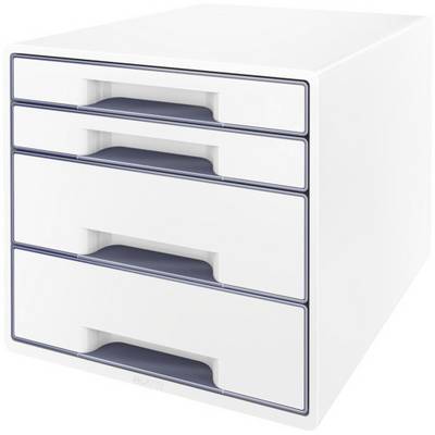 A white drawer organiser with four drawers, ideal for storing office supplies, with blue handles for easy opening.