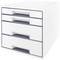A white drawer organiser with four drawers, ideal for storing office supplies, with blue handles for easy opening.