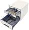 White desk organiser with two drawers: Top drawer for office supplies, keys, and remote controls; bottom drawer for controllers, magazines, and cables.
