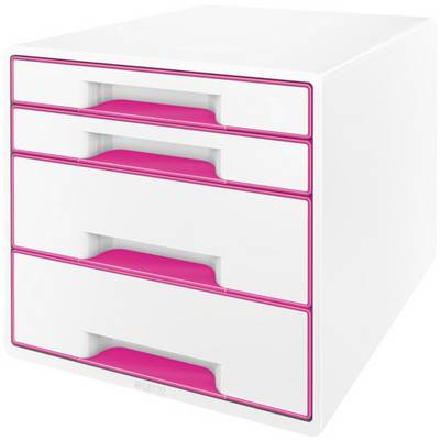 White drawer cabinet with four drawers, each with pink handles, suitable for storing documents or office supplies.