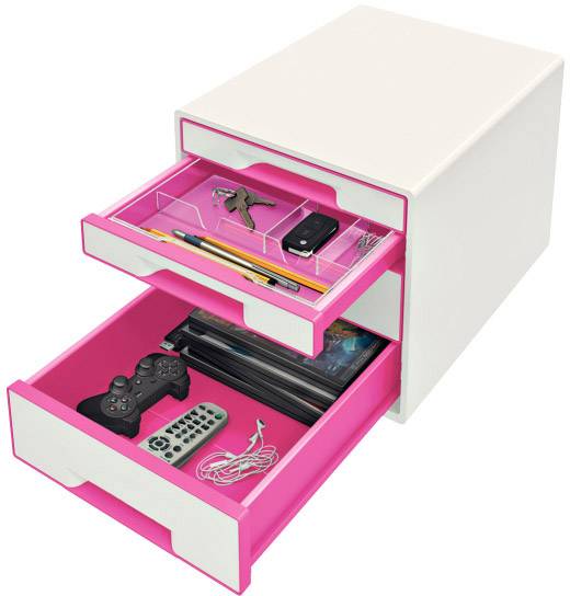 White drawer cabinet with two open drawers, filled with stationery, a games controller, a remote control, and cables.
