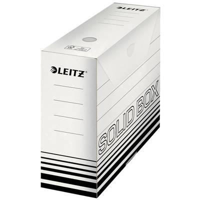 White archive box with 'LEITZ' and 'SOLID BOX' printed on it. It has lines on the side for labelling and is designed for organising documents.