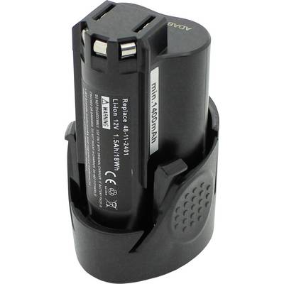 Black 12V lithium-ion battery with 1.5Ah capacity, standing vertically on a charging dock, white labelling and warning notices visible.