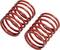 Two red spiral springs placed side by side on a white background. They are identical and made of metal.
