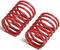 Two red spiral springs stand upright side by side. They are identical and made of metal, each with multiple coils.