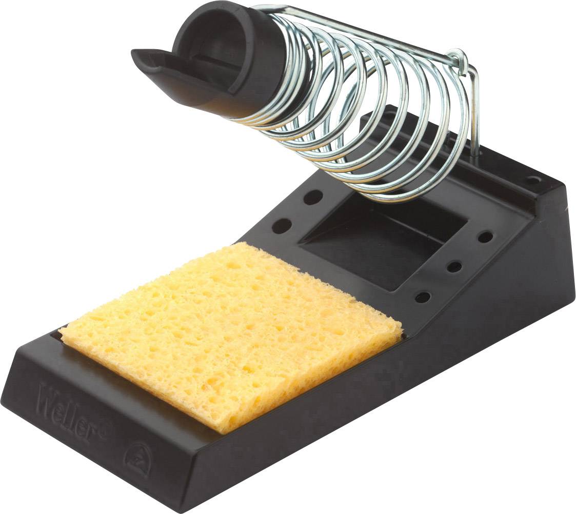 Soldering iron stand with yellow cleaning sponge and metal spiral for resting the soldering iron.