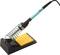Soldering iron on a stand with a yellow cleaning sponge, ready for use, highlighted against a plain white background.
