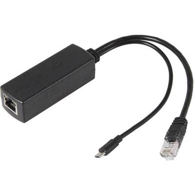 Black adapter with RJ45 socket and Micro-USB plug. Used to connect devices to Ethernet networks via USB.