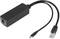 Black adapter with RJ45 socket and Micro-USB plug. Used to connect devices to Ethernet networks via USB.