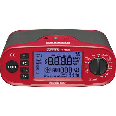 Electronic test device with display for measured values, red rotary knob and function keys F1 to F4. Device displays various electrical measurement parameters.