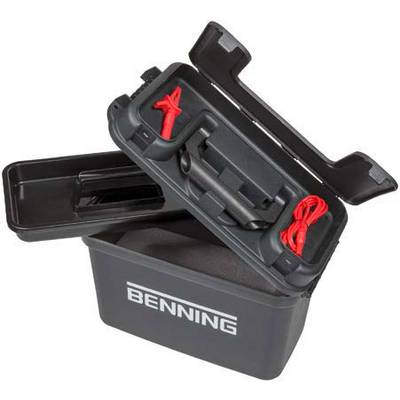 A black toolbox with a hinged lid. Inside are red cables and clips. The inscription 'Benning' is visible.