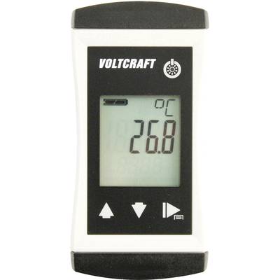 Digital thermometer with the inscription 'Voltcraft' showing 26.8 °C. Black and white casing. Buttons visible underneath.