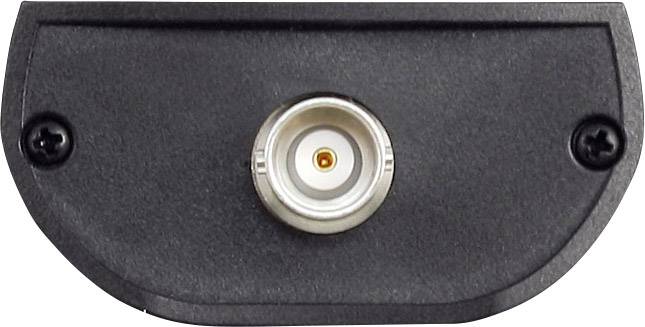 Black mounting bracket with a central round connection and two screws on the sides.