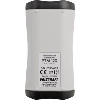Thermometer with probe, Model PTM-120, Measurement range -70°C to +250°C, Manufacturer Voltcraft, Serial number and CE mark.