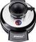 Electric waffle maker in black and silver, top view. Shows red and blue indicator lights and a filling funnel.