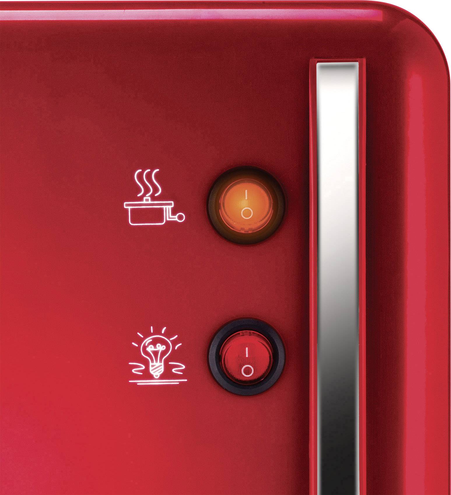 Red toaster with two buttons: The top one shows a saucepan symbol, the bottom one a light bulb. The toaster is switched on.