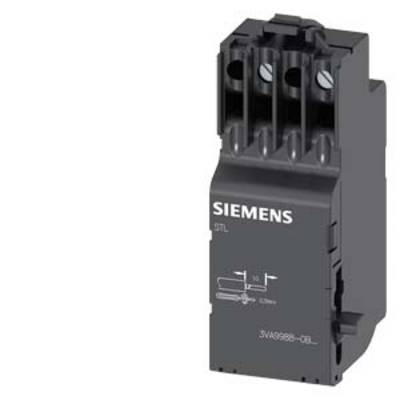 A black Siemens component block with three connections. The Siemens logo and diagrams are on the left; designed for installation in electrical circuits.