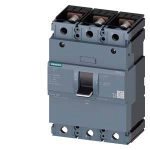 A three-pole Siemens circuit breaker, grey, with switch lever in the centre, suitable for industrial applications.