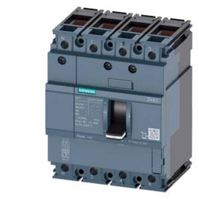 A black, multi-pole circuit breaker, model 'Siemens 3VA1', with a toggle switch in the middle, is used for current interruption.