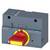 A grey Siemens switch with a red handle and yellow base, pointing to 'ON'.