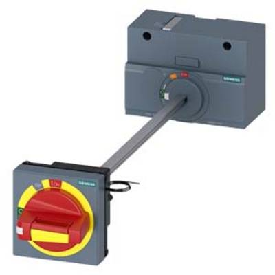 A red Siemens emergency stop switch with a yellow border, connected to a grey switching unit, for safety shutdown.