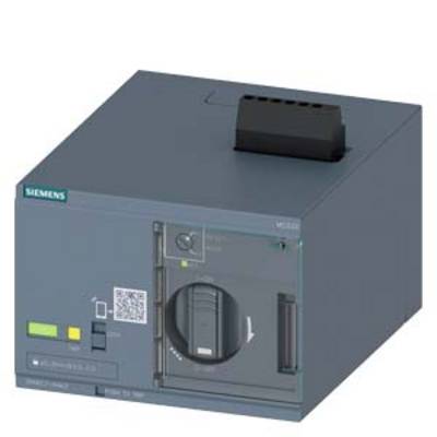 A dark grey Siemens circuit breaker with a switch in the centre, green and yellow indicator lights, and a QR code on the front.