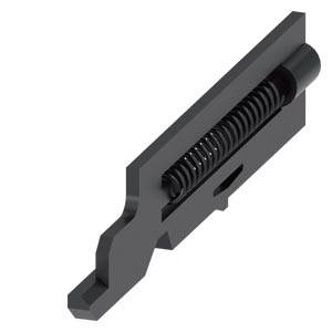 A black metal component with an integrated spring. The part has a complex shape designed for technical applications.