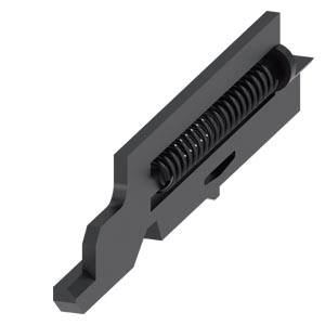 A black, rectangular mechanical component with an integrated spiral spring.