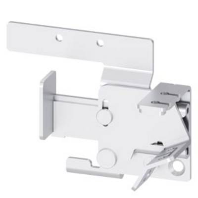 Silver metal lock, rectangular in shape, with lever mechanism and mounting holes. Suitable for cabinet doors.