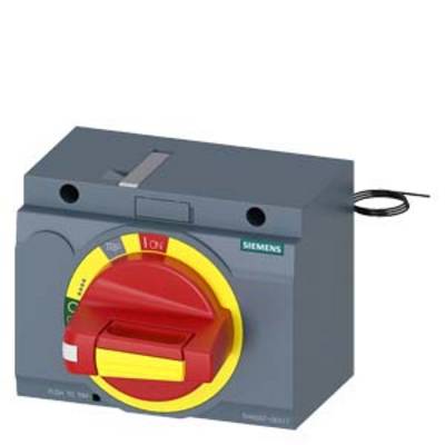 A grey Siemens load-break switch, red handle with yellow border. Markings for 'On' and 'Off'.