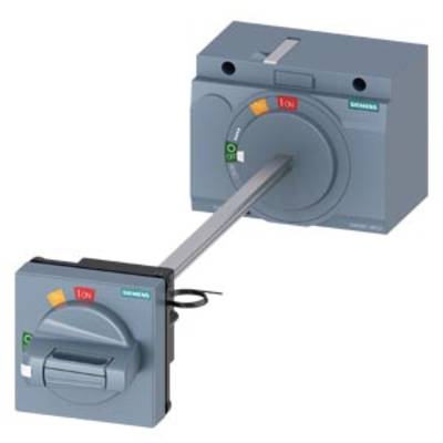 A Siemens industrial switch with a rotary lever. The switch is set to 'ON' and has labels in various colours.