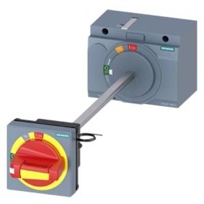 A Siemens electrical switch with a red handle on a yellow background. The switch is set to the 'ON' position.