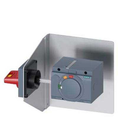 A red and grey emergency stop switch with protective cover mounted on a metal plate. The switch is in the 'Off' position.