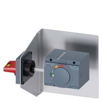 An illustration of a switching system on a metal surface, including a red switch lever and a grey control device by Siemens.