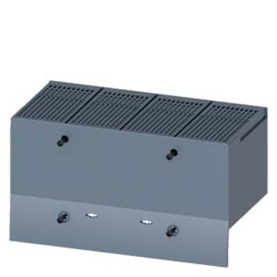 A grey electronics cabinet with ventilation slots and four mounting points on the front.