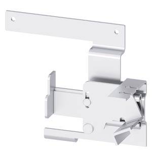 A silver metal mounting part with a horizontal and vertical mounting structure, potentially part of a locking mechanism.