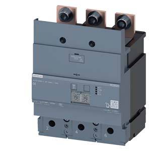 A three-pole circuit breaker with three copper connection terminals at the top and two below, predominantly grey, with technical details printed on it.