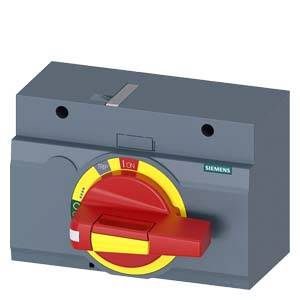 A grey Siemens load-break switch with a red switching lever in the 'Off' position, surrounded by a yellow marking.
