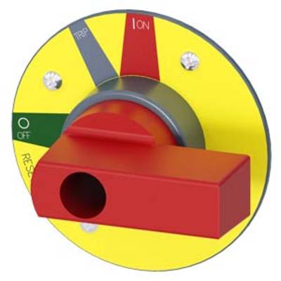 A red switch on a yellow base is pointing to 'ON'. The positions 'OFF' and 'TRIP' are also marked.