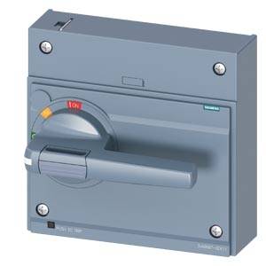 'Grey industrial switch with rotary lever positioning and colour-coded markings to indicate power status.'
