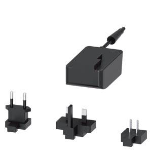 A black charger with four different interchangeable plugs for international use. The main power plug types are C, A, G, and I.